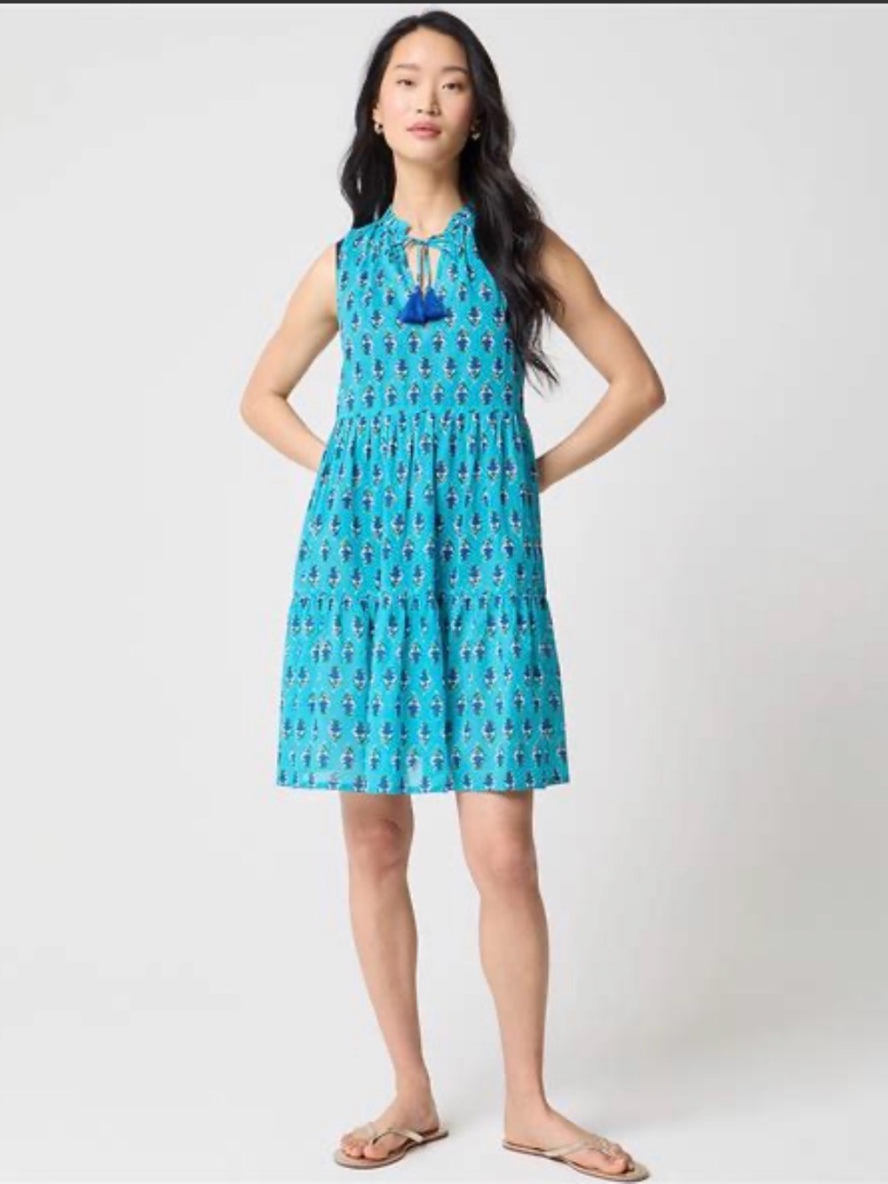 NWT J. Crew women’s Teal Patterned Tiered Summer Dress with tassels